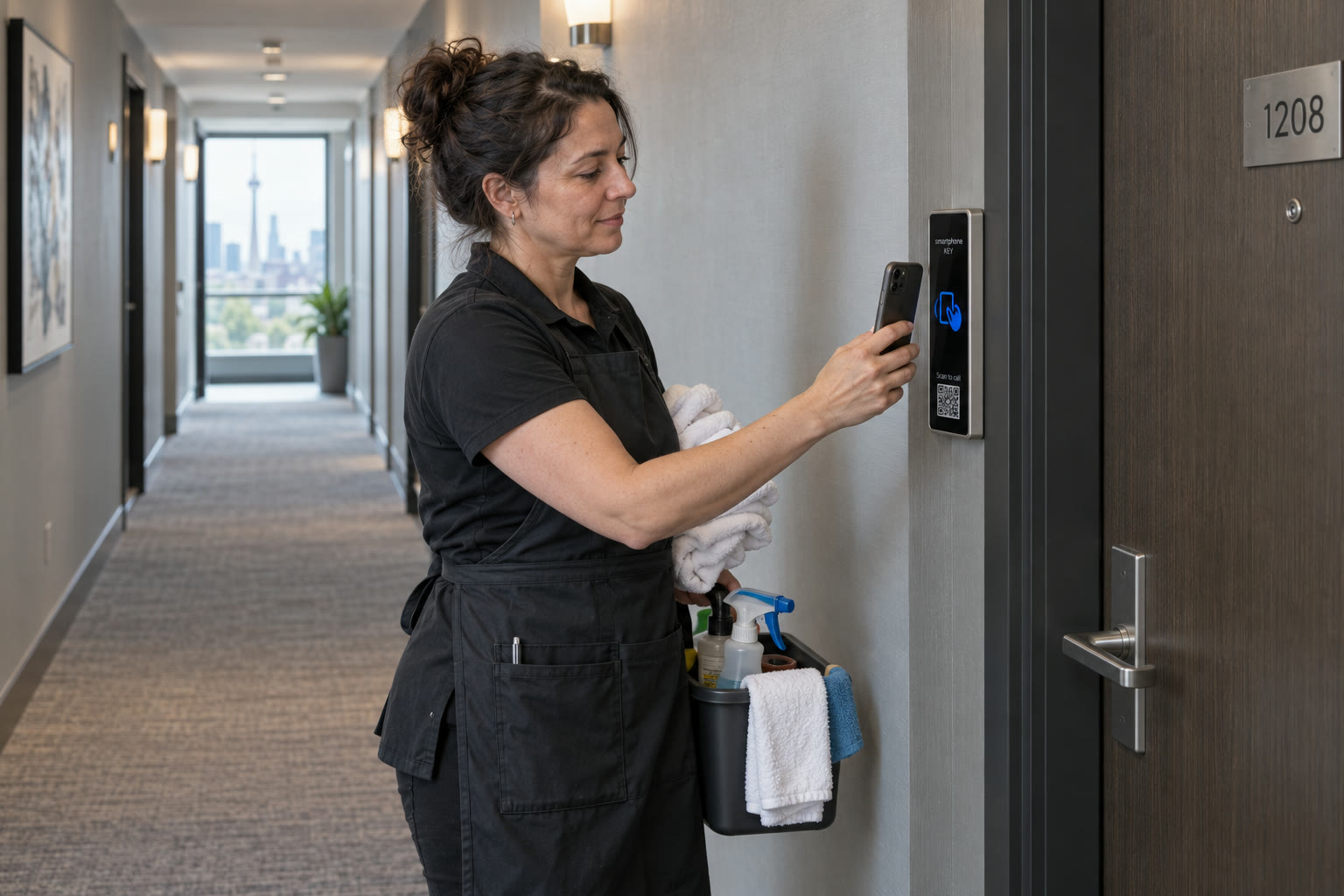 Illustrative cleaner holding linen near a reader outside a condominium unit.
