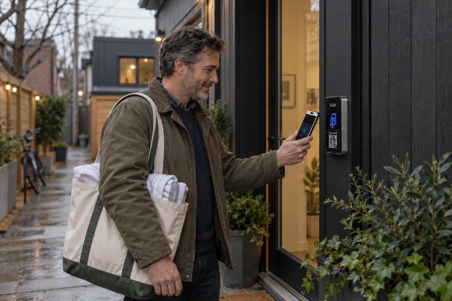 Illustrative co-host with fresh linen at a separate rental entrance; no customer installation or platform partnership is shown.