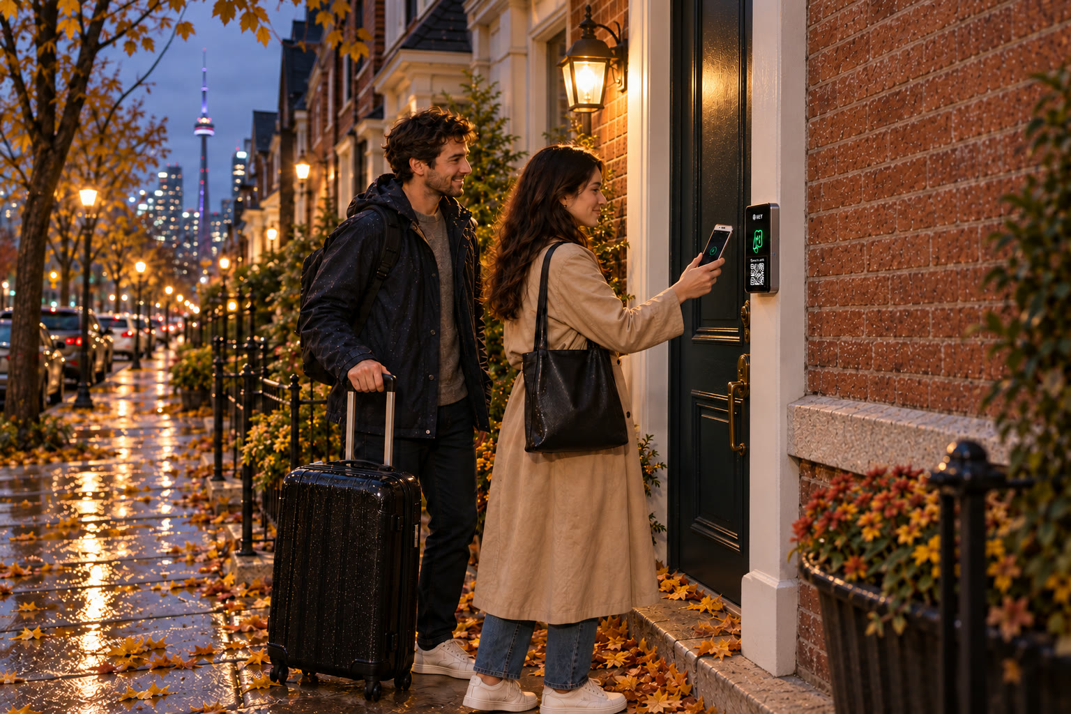 Illustrative pair of travellers arriving with a suitcase at a reader-equipped townhouse entrance.