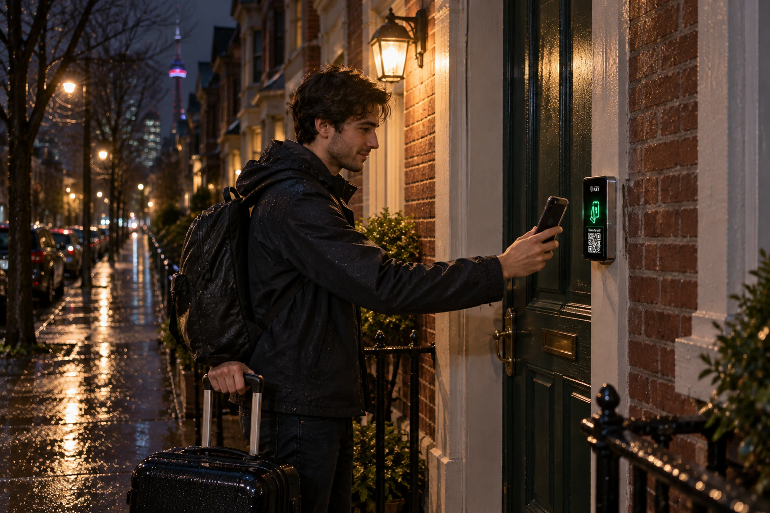 Illustrated rainy-night arrival with a backpacked traveller using a reader beside a row-house entrance.