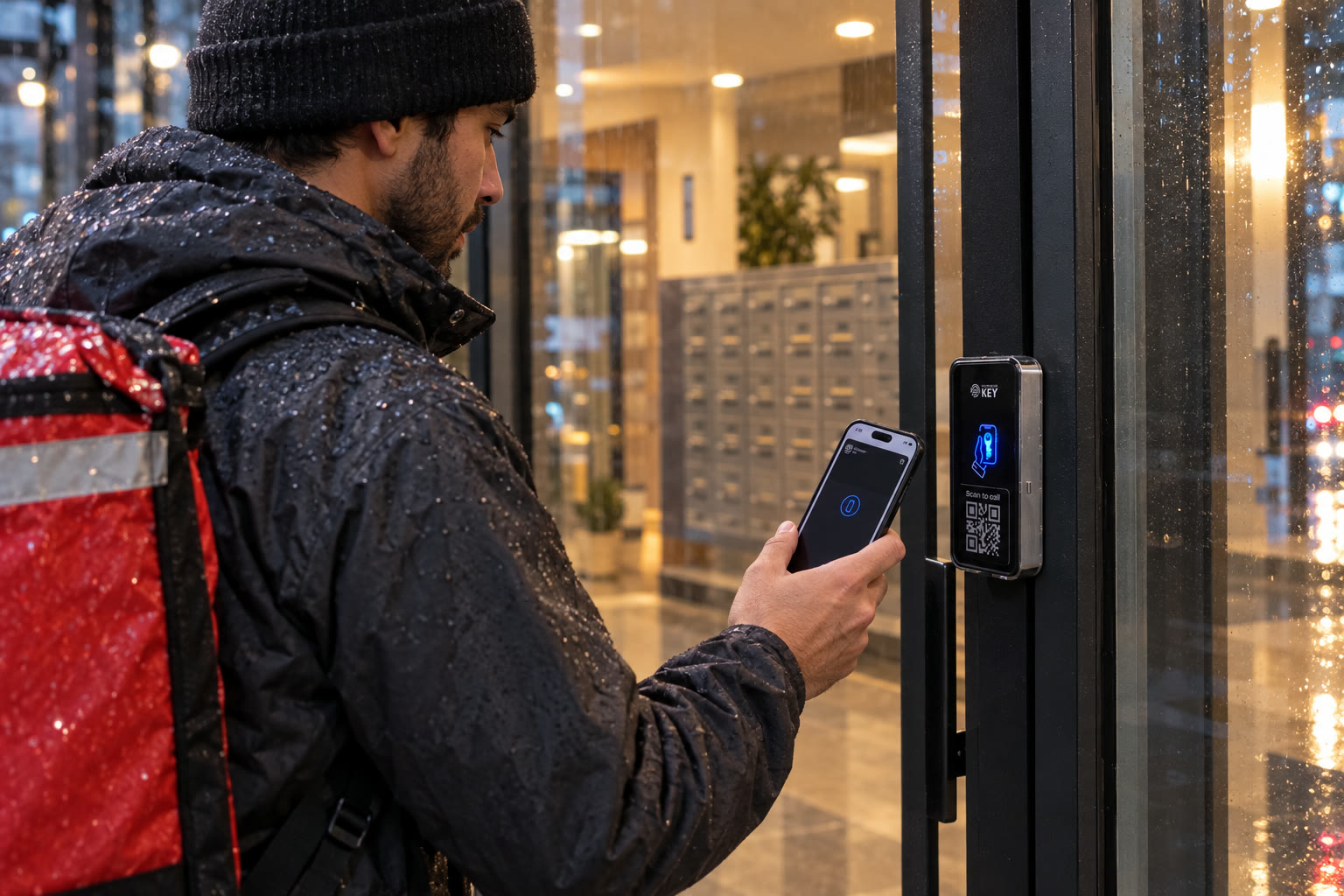 A courier in a rain-soaked jacket holds his phone to the reader at a building entrance.
