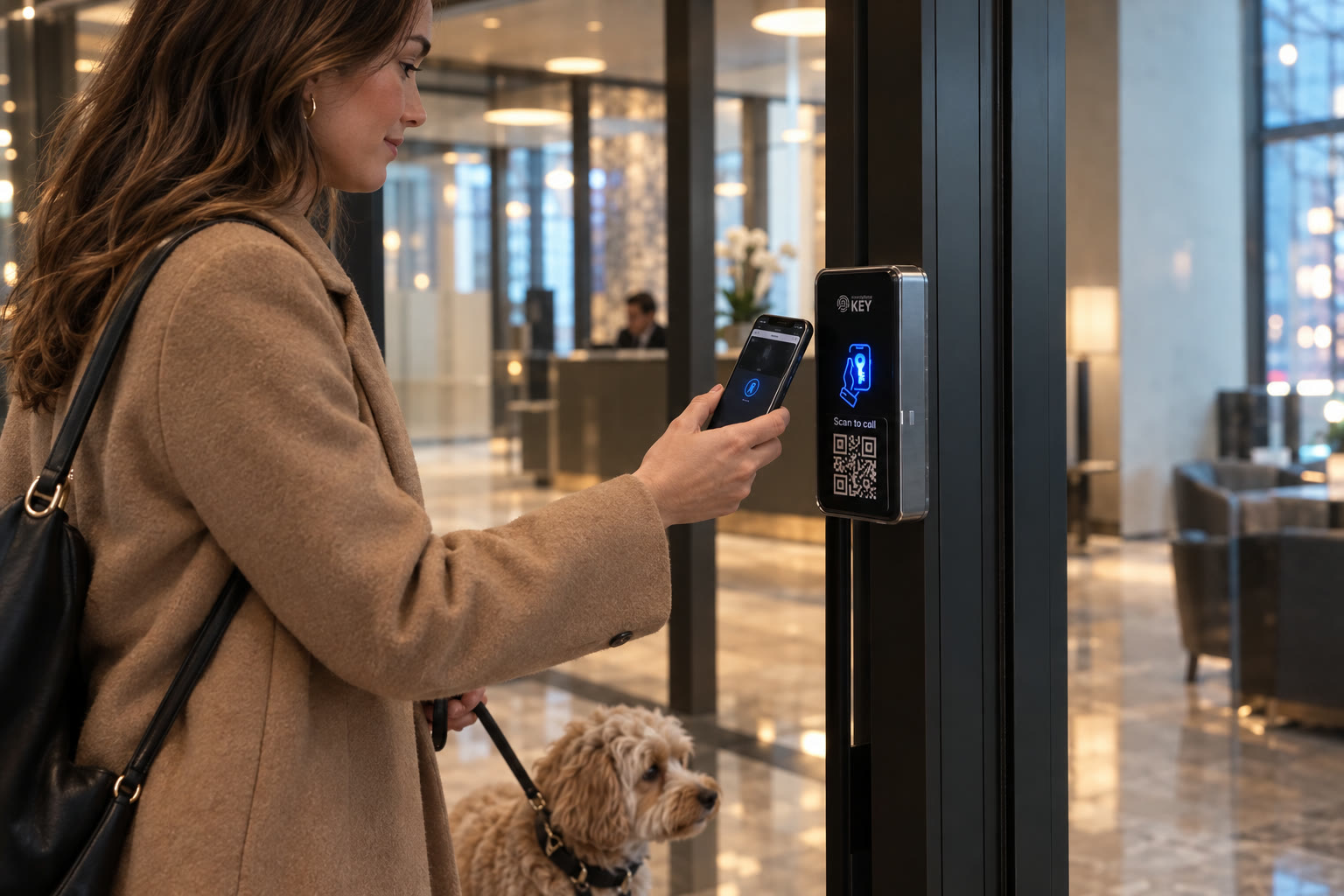 A resident walking her dog holds her phone to the reader beside a condo lobby door.