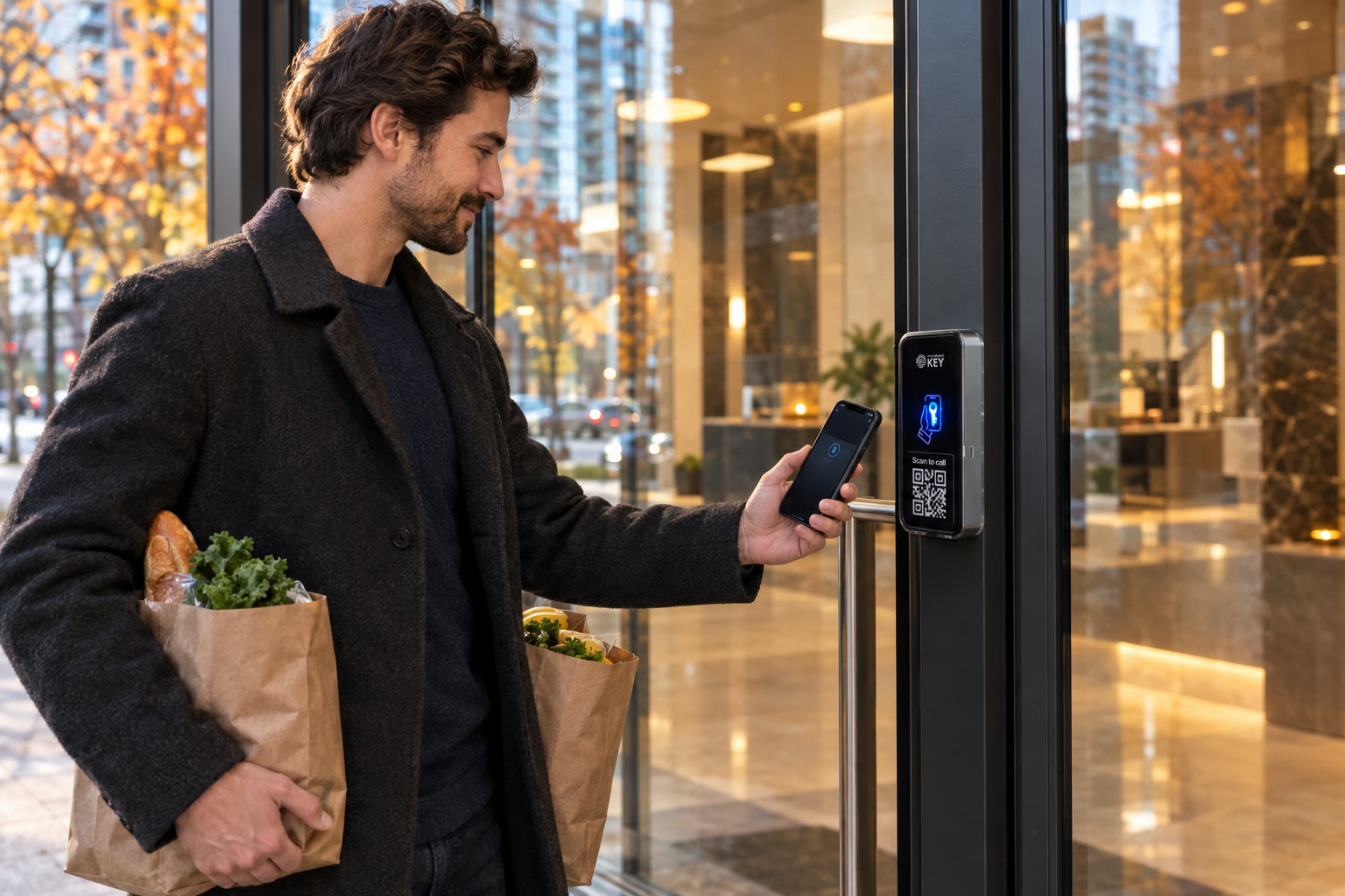 Illustrative return to a condominium lobby, showing a resident carrying groceries and using a phone at the entrance.