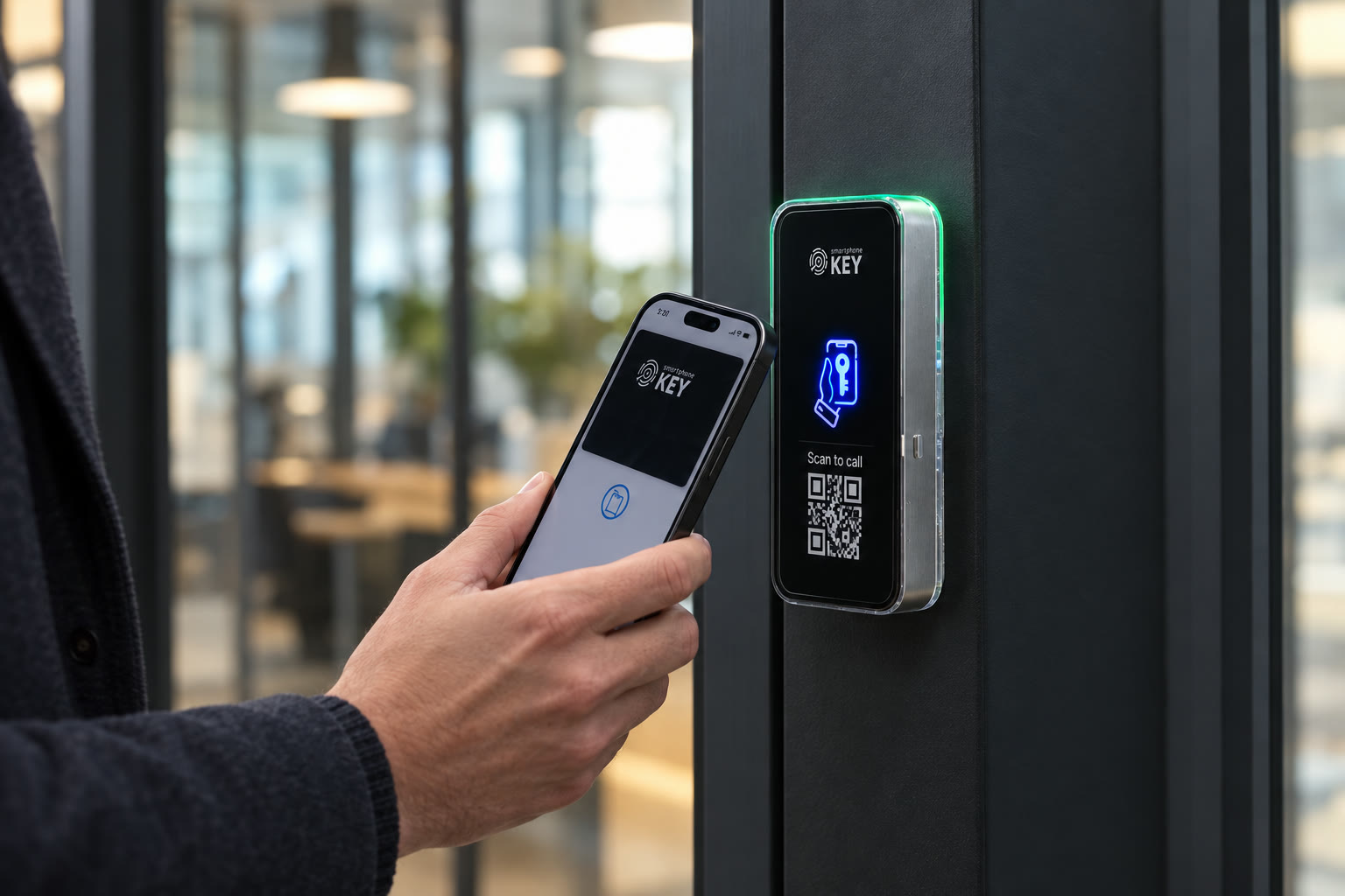 A phone with a SmartphoneKey Wallet pass held to the reader on a charcoal wall.