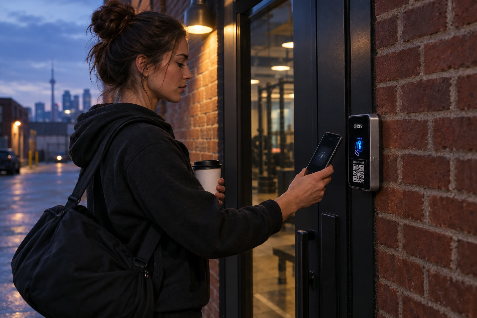 Illustrative coach arrival at a brick-walled studio, holding a drink while presenting a phone beside the side entrance.