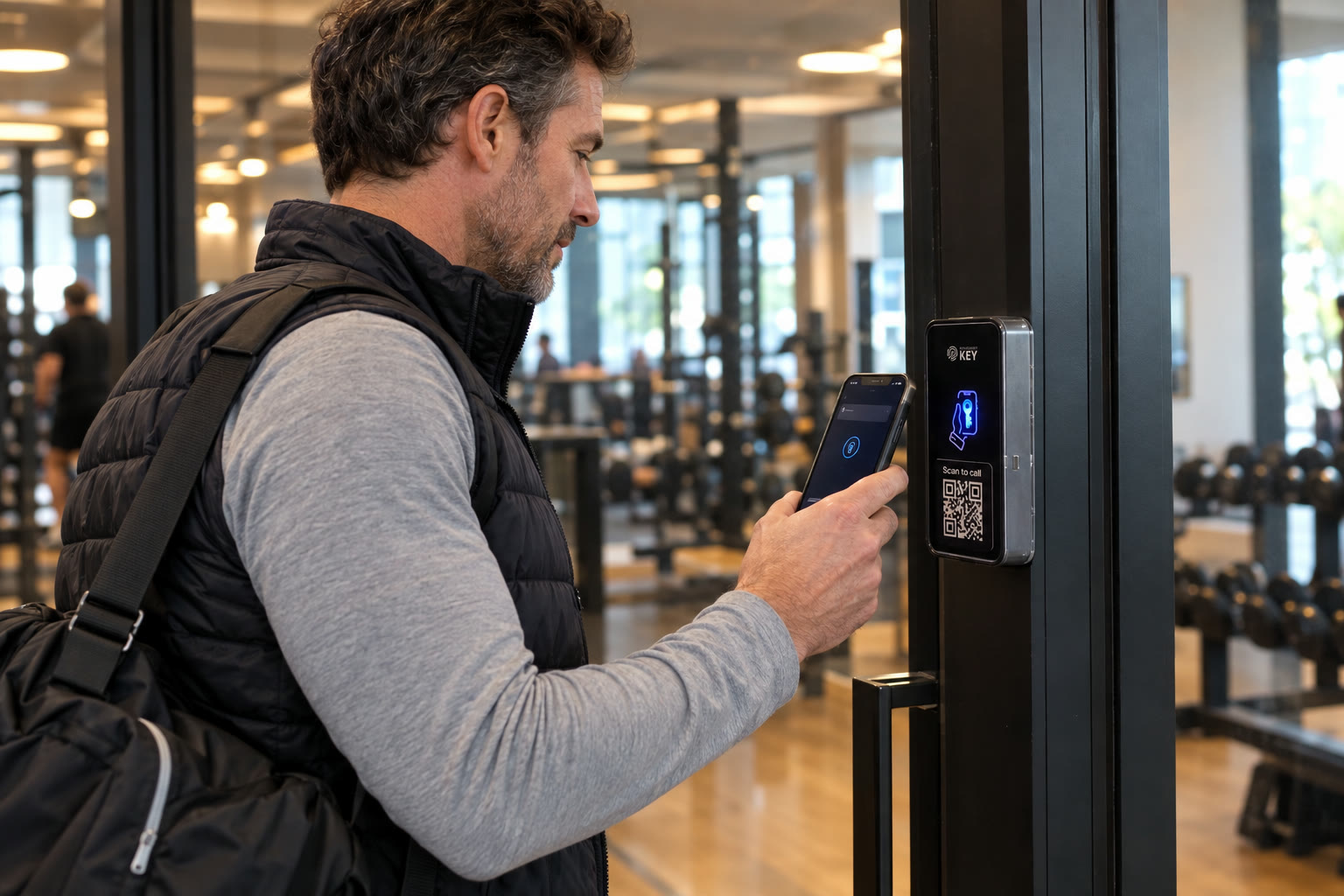 Illustrative fitness-club doorway: a man in a padded vest carries a shoulder bag while holding his phone towards the access unit.