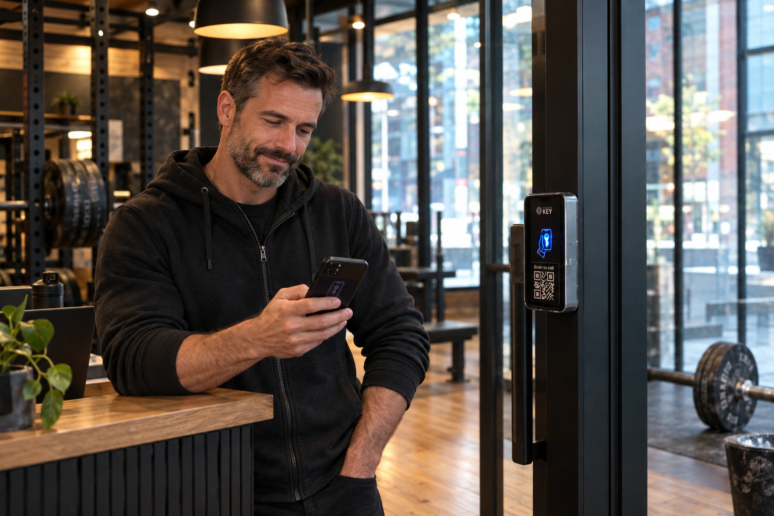 Illustrative studio manager reviewing a phone at reception, with the gym entrance visible behind the counter.