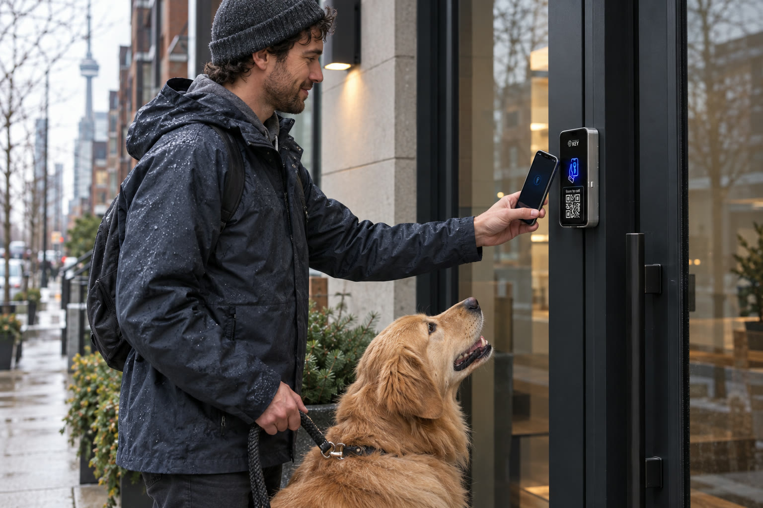 Illustrative dog walker and retriever arriving at a townhouse, with a phone presented to the entrance reader.