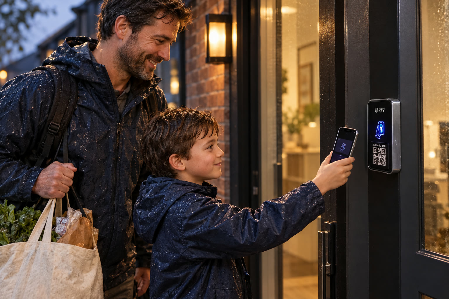 Illustrative family returning with groceries as a child presents a phone at the house entrance reader.