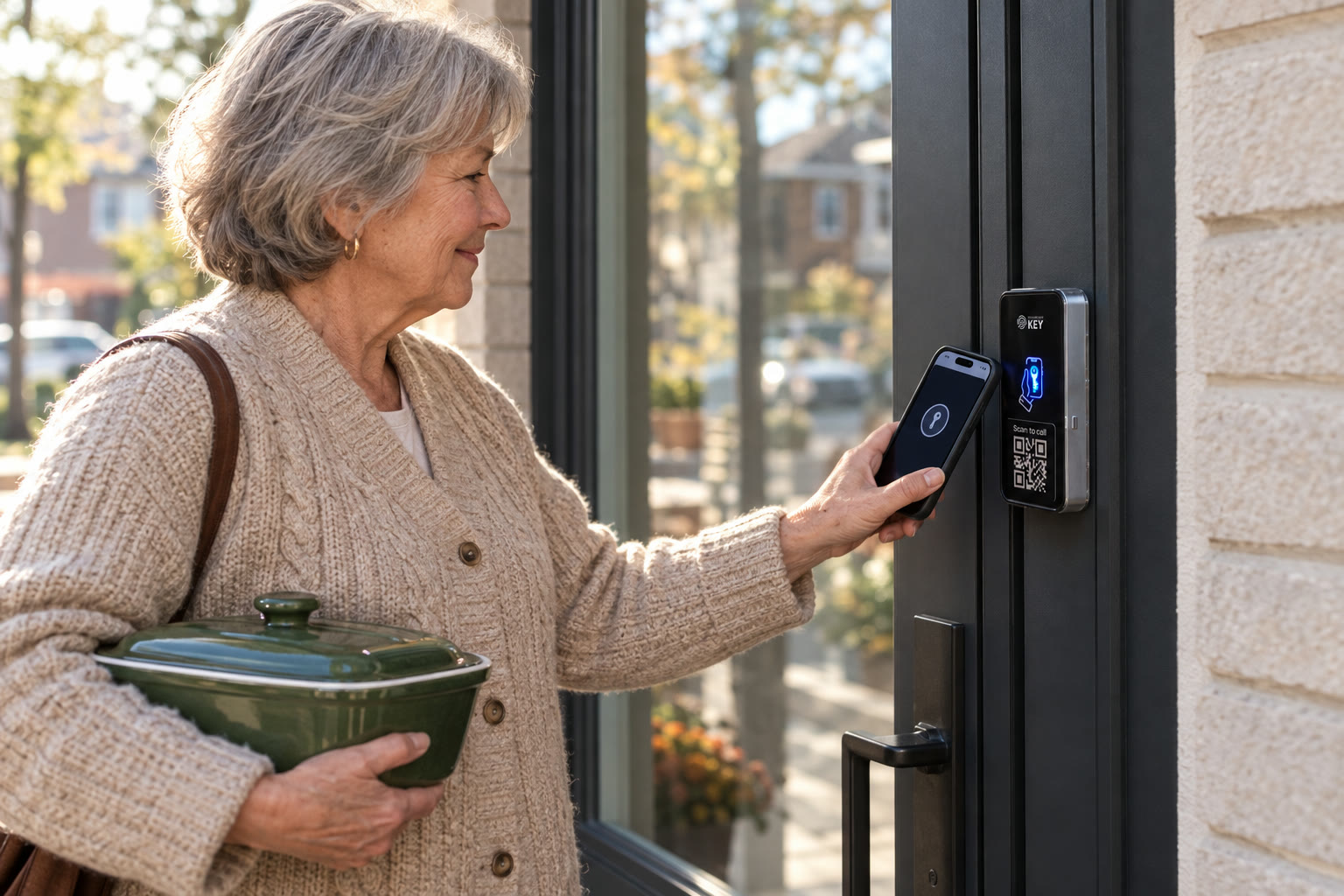Illustrative grandparent bringing a covered dish and using a phone beside the family home reader.