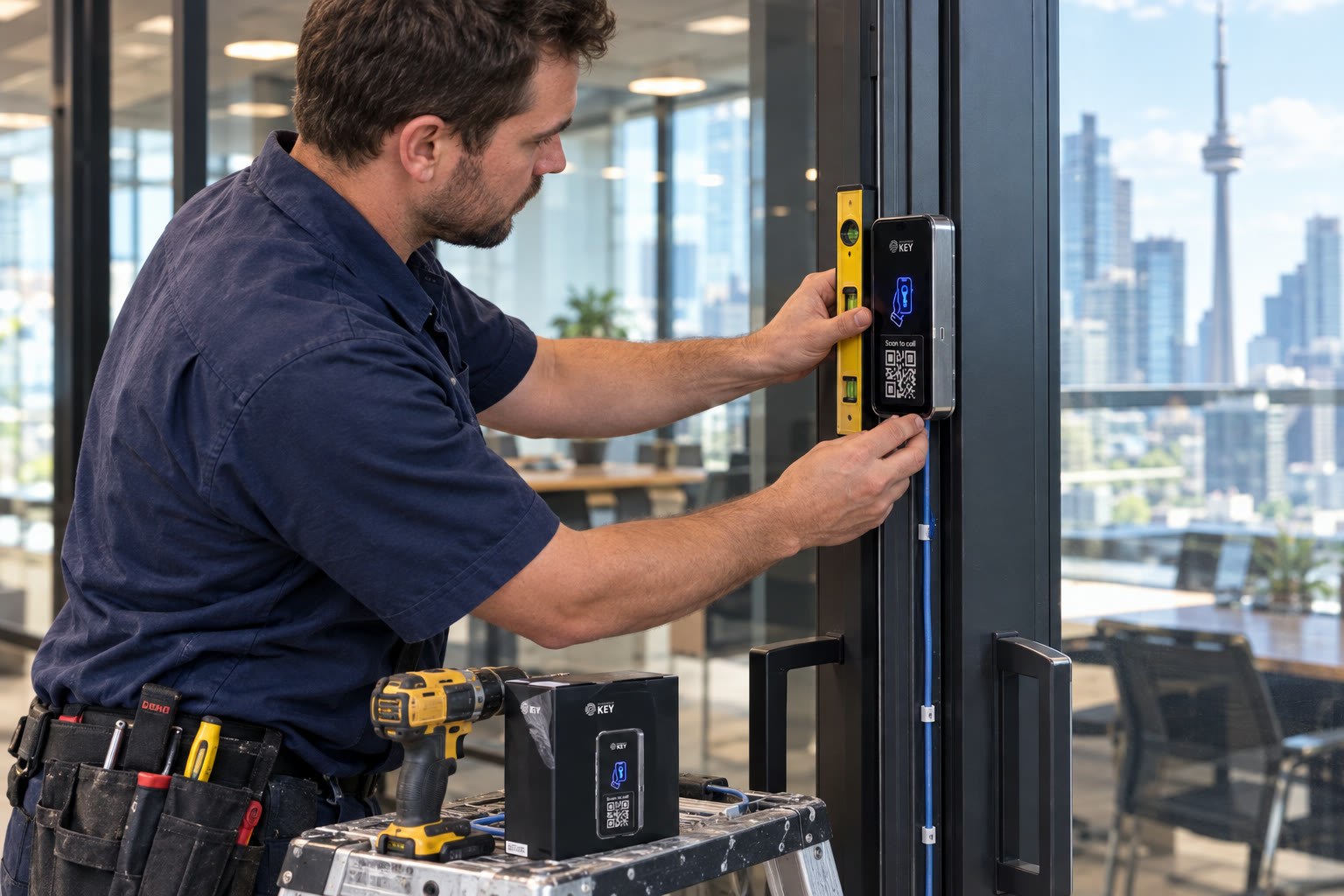 Illustrative installation work beside a glazed entrance, with a technician positioning the reader on the door frame.