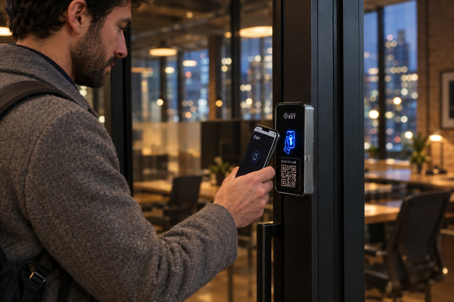 A man taps his phone on the reader at an office door at night, the city lit up behind the glass.