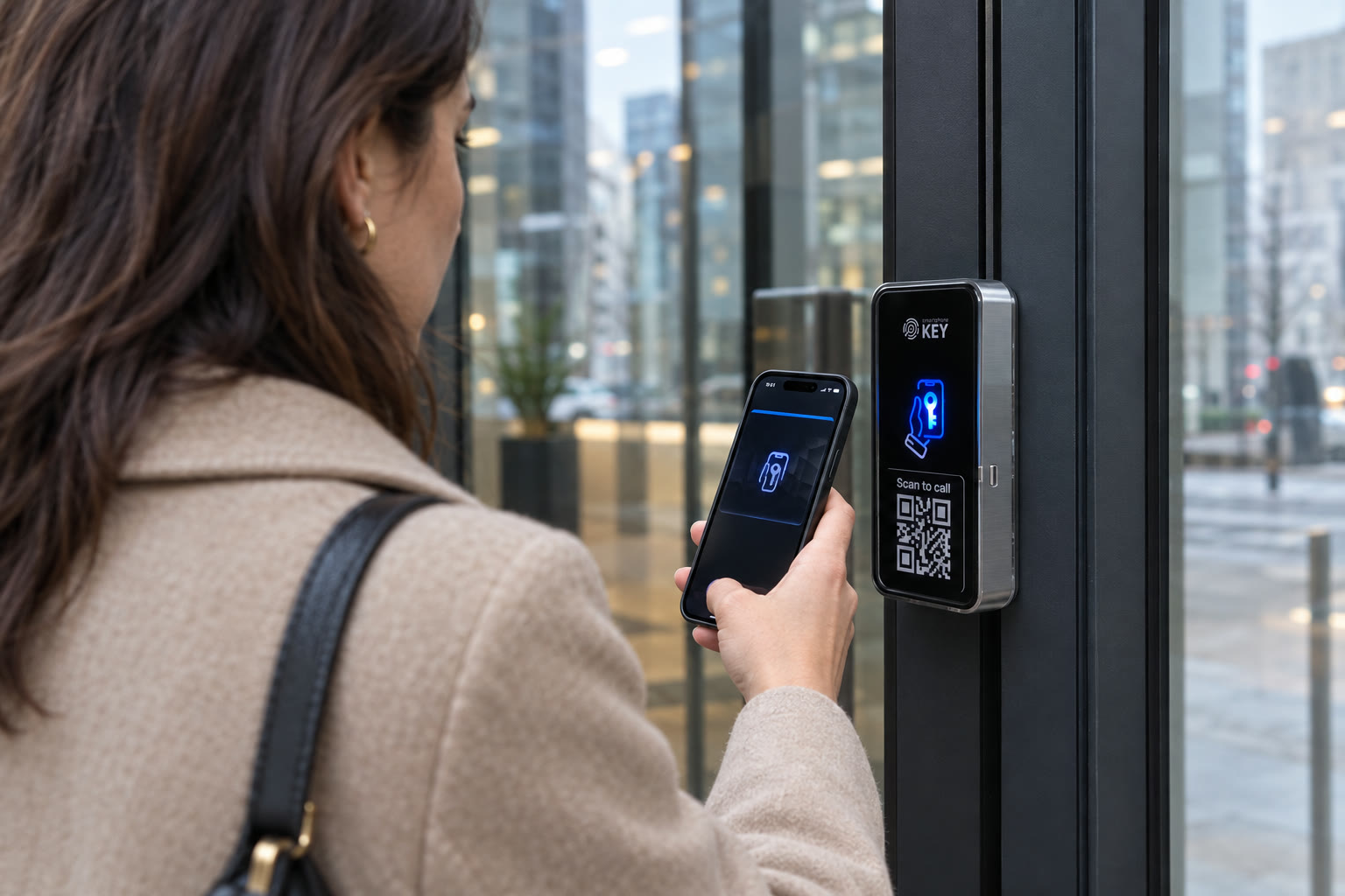 A visitor holds her phone to the reader’s QR code at an office street entrance.