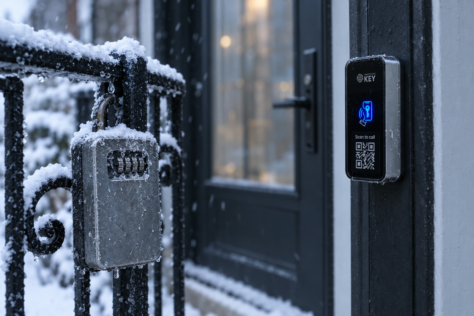 Illustration of a lockbox on a porch railing near a reader, used to compare physical key handling with managed permission.