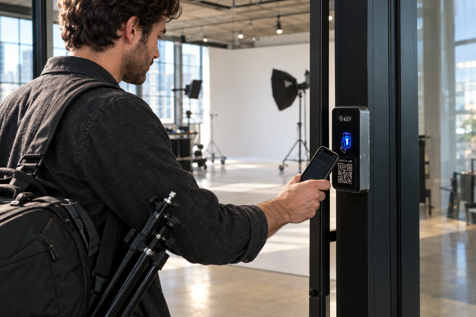 Illustrative studio renter carrying a tripod and using a phone at the daylight room entrance.