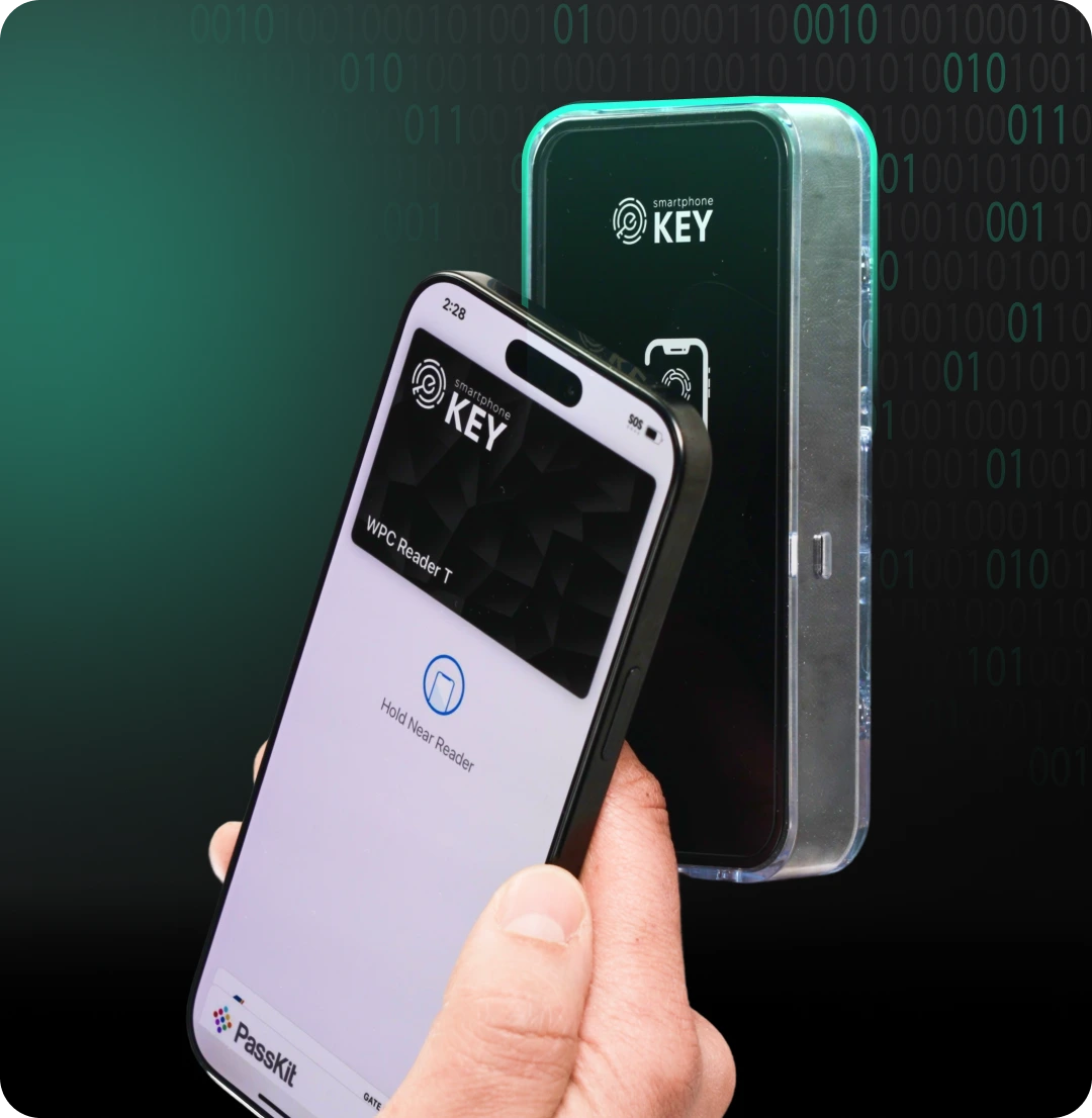 Manufacturer product view showing a digital SmartphoneKey pass on a phone presented beside the entrance reader.